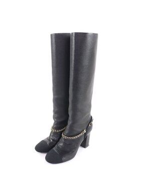 Chanel 23A CC Logo Chain Decoration Chunky Heel Leather Long Boots